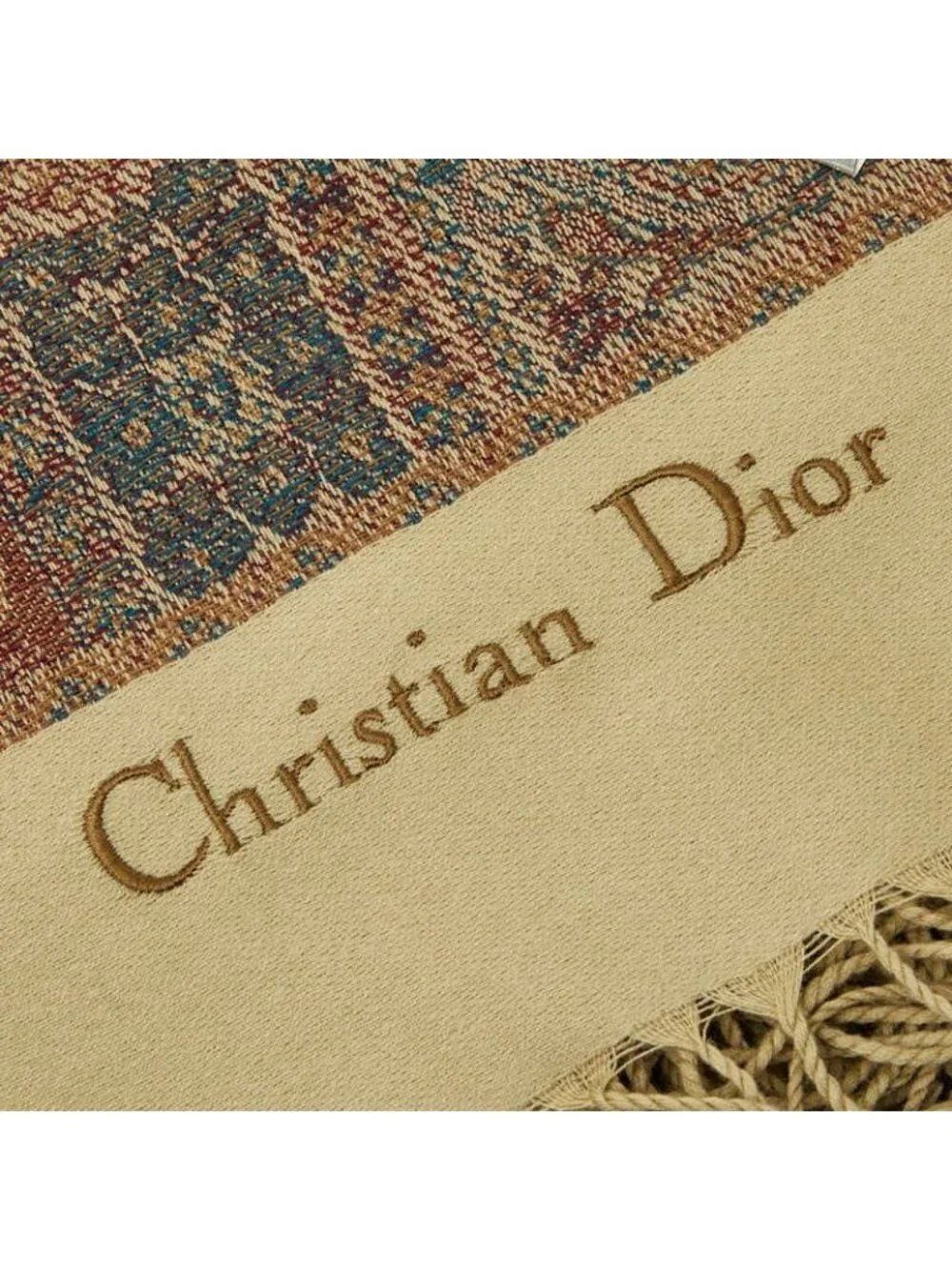 Dior Logo Paisley Fringe Shawl Beige Brown Wool Scarf